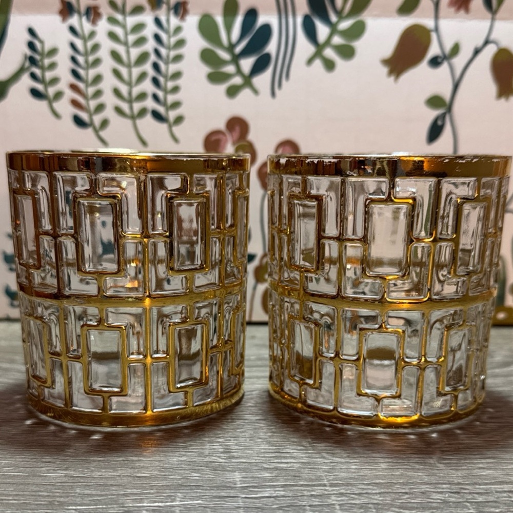❌SOLD❌Vintage Imperial Glass Shoji 22K Gold Double Old Fashioned Glasses (2)
